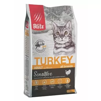 Blitz Sensitive Adult Cats Turkey полнорационный сухой корм для кошек, с индейкой - 2 кг повседневный супер премиум для взрослых с индейкой мешок Российский корм 1 уп. х 1 шт. х 2 кг