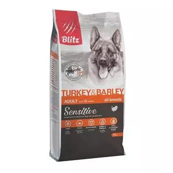 Blitz Sensitive Adult Turkey & Barley полнорационный сухой корм для собак, с индейкой и ячменем - 15 кг повседневный супер премиум для взрослых с индейкой для всех пород мешок Россия 1 уп. х 1 шт. х 15 кг