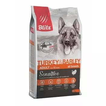 Blitz Sensitive Adult Turkey & Barley полнорационный сухой корм для собак, с индейкой и ячменем - 2 кг повседневный супер премиум для взрослых с индейкой для всех пород мешок Россия 1 уп. х 1 шт. х 2 кг