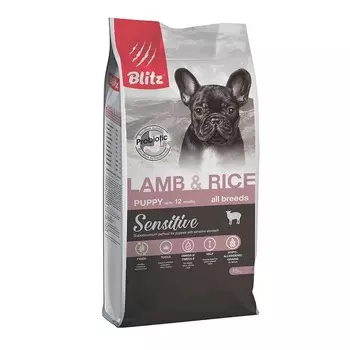 Blitz Sensitive Puppy Lamb & Rice полнорационный сухой корм для щенков, с ягненком и рисом повседневный супер премиум для щенков с ягненком для всех пород мешок Россия 1 уп. х 1 шт. х 15 кг