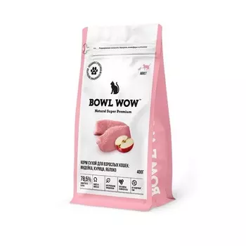 Bowl Wow сухой корм для кошек, полнорационный, с индейкой, курицей и яблоком - 400 г премиум с клетчаткой для взрослых с индейкой для всех пород тетра пак Российский корм 1 уп. х 1 шт. х 0.4 кг