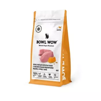 Bowl Wow сухой корм для кошек с чувствительным пищеварением, полнорационный, с индейкой, курицей и тыквой - 400 г премиум с клетчаткой для взрослых с индейкой для всех пород тетра пак Российский корм 1 уп. х 1 шт. х 0.4 кг