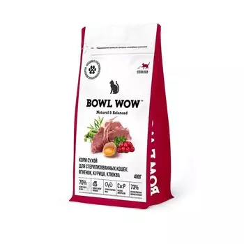 Bowl Wow сухой корм для стерилизованных кошек, с ягненком, курицей и клюквой - 400 г для взрослых с ягненком мешок Россия 1 уп. х 1 шт. х 0.4 кг