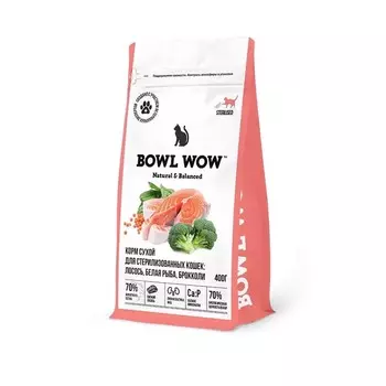 Bowl Wow сухой корм для стерилизованных кошек, с лососем, белой рыбой и брокколи - 400 г для взрослых с лососем мешок Россия 1 уп. х 1 шт. х 0.4 кг