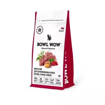 Bowl Wow сухой корм для стерилизованных кошек, с ягненком, курицей и клюквой - 4 кг для взрослых с ягненком мешок Россия 1 уп. х 1 шт. х 4 кг