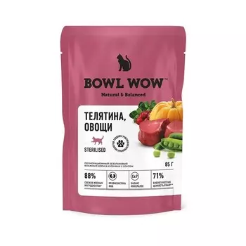 Bowl Wow влажный корм для стерилизованных кошек с телятиной с овощами в соусе, в паучах - 85 г для взрослых с овощами паучи Россия 1 уп. х 12 шт. х 12.24 кг