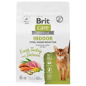 Brit Care Cat Indoor Stool Odour Reduction сухой корм для взрослых кошек домашнего содержания, с индейкой и лососем - 400 г повседневный супер премиум низкозерновые для взрослых с индейкой мешок Россия 1 уп. х 1 шт. х 0.4 кг