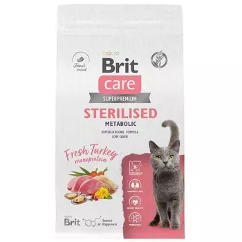 Brit Care Cat Sterilised Metabolic сухой корм для для стерилизованных кошек, с индейкой - 1,5 кг повседневный супер премиум низкозерновые для взрослых с индейкой мешок Российский корм 1 уп. х 1 шт. х 1.5 кг