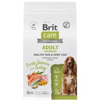 Brit Care Dog Adult M Healthy Skin&Shiny Coat сухой корм для взрослых собак средних пород для кожи и шерсти, с лососем и индейкой - 1,5 кг повседневный супер премиум низкозерновые для взрослых с индейкой породы среднего размера мешок Россия 1 уп. х 1 шт. х 1.5 кг