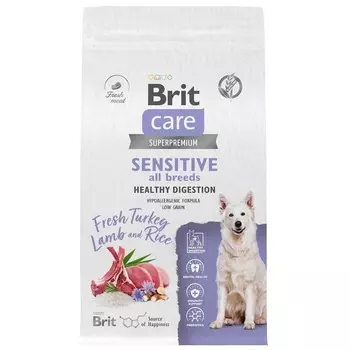 Brit Care Dog Adult Sensitive Healthy Digestion сухой корм для собак всех пород с чувствительным пищеварением, с индейкой и ягненком - 1,5 кг повседневный супер премиум низкозерновые для взрослых с индейкой для всех пород мешок Россия 1 уп. х 1 шт. х 1.5 кг