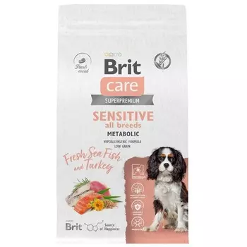 Brit Care Dog Adult Sensitive Metabolic сухой корм для взрослых собак, с морской рыбой и индейкой - 1,5 кг повседневный супер премиум низкозерновые для взрослых с индейкой для всех пород мешок Россия 1 уп. х 1 шт. х 1.5 кг