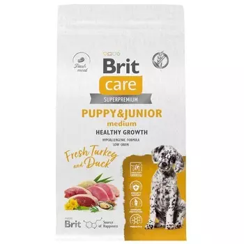 Brit Care Dog Puppy&Junior M Healthy Growth сухой корм для щенков средних пород, с индейкой и уткой - 1,5 кг повседневный супер премиум низкозерновые для щенков с индейкой породы среднего размера мешок Российский корм 1 уп. х 1 шт. х 1.5 кг