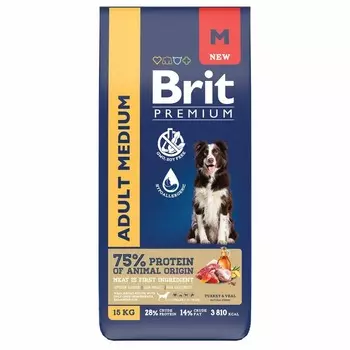 Brit Premium Dog Adult Medium сухой корм для взрослых собак средних пород (10-25 кг), с индейкой и телятиной - 15 кг повседневный премиум для взрослых с индейкой породы среднего размера мешок Российский корм 1 уп. х 1 шт. х 15 кг