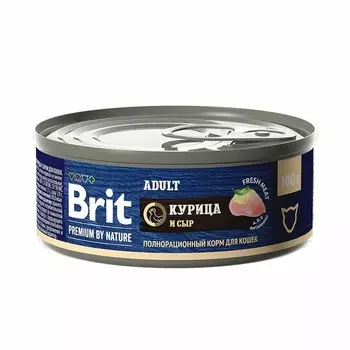 Brit Premium by Nature Adult полнорационный влажный корм для кошек, паштет с курицей и сыром, в консервах - 100 г повседневный премиум для взрослых с сыром консервы (в железной банке) Российский корм 1 уп. х 12 шт. х 1.2 кг