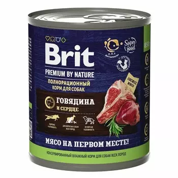 Brit Premium by Nature полнорационный влажный корм для собак, фарш из говядины с сердцем, в консервах - 850 г повседневный премиум для взрослых с говядиной для всех пород консервы (в железной банке) Российский корм 1 уп. х 1 шт. х 0.85 кг