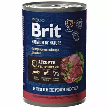 Brit Premium by Nature полнорационный влажный корм для собак, фарш из мясного ассорти с потрошками, в консервах - 410 г повседневный премиум для взрослых ассорти мясное для всех пород консервы (в железной банке) Российский корм 1 уп. х 9 шт. х 3.69 кг