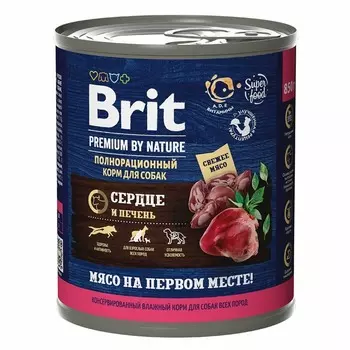 Brit Premium by Nature полнорационный влажный корм для собак, фарш из сердца с печенью, в консервах - 850 г повседневный премиум для взрослых с печенью для всех пород консервы (в железной банке) Российский корм 1 уп. х 6 шт. х 5.1 кг