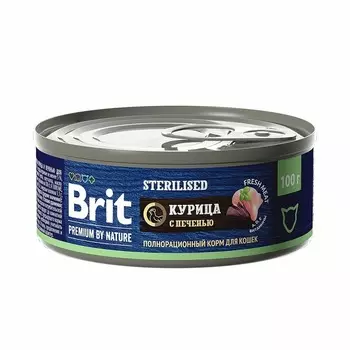 Brit Premium by Nature Sterilised полнорационный влажный корм для стерилизованных кошек, фарш из курицы с печенью, в консервах - 100 г повседневный премиум для взрослых с печенью консервы (в железной банке) Российский корм 1 уп. х 12 шт. х 1.2 кг