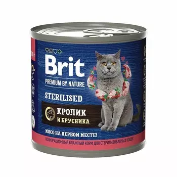 Brit Premium by Nature Sterilised полнорационный влажный корм для стерилизованных кошек, фарш из кролика с брусникой, в консервах - 200 г повседневный премиум для взрослых с брусникой консервы (в железной банке) Российский корм 1 уп. х 6 шт. х 1.2 кг