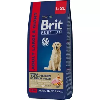 Brit Premium Dog Adult Large and Giant полнорационный сухой корм для собак крупных и гигантских пород, с курицей - 15 кг повседневный премиум для взрослых с курицей породы крупного размера мешок Российский корм 1 уп. х 1 шт. х 15 кг