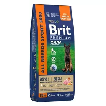 Brit Premium Dog Adult Sport 5000 сухой корм для собак всех пород с высокими затратами энергии, с курицей - 15 кг премиум для взрослых с курицей для всех пород мешок Россия 1 уп. х 1 шт. х 15 кг