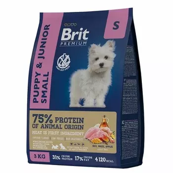 Brit Premium Dog Puppy and Junior Small полнорационный сухой корм для щенков мелких пород, с курицей - 3 кг повседневный премиум для щенков с курицей породы мелкого размера мешок Российский корм 1 уп. х 1 шт. х 3 кг