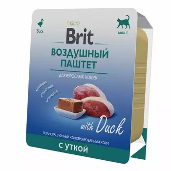 Brit Premium полнорационный влажный корм для кошек, воздушный паштет с уткой, в ламистерах - 100 г повседневный премиум для взрослых с уткой для всех пород паштет и ламистеры Российский корм 1 уп. х 14 шт. х 1.4 кг