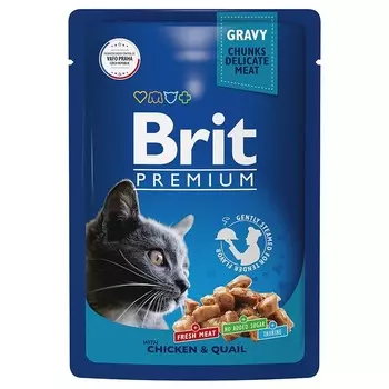 Brit Premium полнорационный влажный корм для кошек, с цыпленком и перепелкой, кусочки в соусе, в паучах - 85 г повседневный премиум для взрослых с цыпленком паучи Российский корм 1 уп. х 14 шт. х 1.19 кг