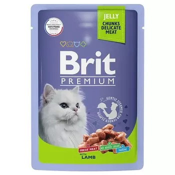 Brit Premium полнорационный влажный корм для кошек, с ягненком, кусочки в желе, в паучах - 85 г повседневный премиум для взрослых с ягненком паучи Российский корм 1 уп. х 14 шт. х 1.19 кг