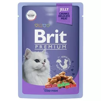 Brit Premium полнорационный влажный корм для кошек, с треской, кусочки в желе, в паучах - 85 г повседневный премиум для взрослых с треской паучи Российский корм 1 уп. х 14 шт. х 1.19 кг