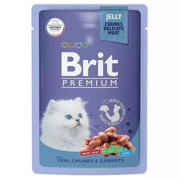 Brit Premium полнорационный влажный корм для котят, с телятиной и морковью, кусочки в желе, в паучах - 85 г повседневный премиум для котят с телятиной паучи Российский корм 1 уп. х 14 шт. х 1.19 кг