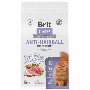 Brit Care Cat Anti-Hairball сухой корм для взрослых кошек для выведения шерсти из желудка, с белой рыбой и индейкой - 1,5 кг повседневный супер премиум низкозерновые для взрослых с индейкой мешок Российский корм 1 уп. х 1 шт. х 1.5 кг