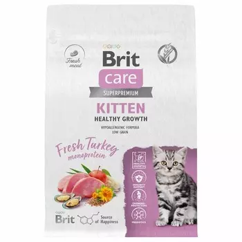 Brit Care Cat Kitten Healthy Growth сухой корм для котят, беременных и кормящих кошек, с индейкой - 400 г повседневный супер премиум низкозерновые для взрослых с индейкой мешок Российский корм 1 уп. х 1 шт. х 0.4 кг
