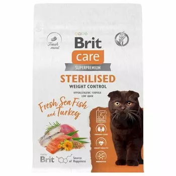 Brit Care Cat Sterilised Weight Control сухой корм для стерилизованных кошек для контроля веса, с морской рыбой и индейкой - 400 г повседневный супер премиум низкозерновые для взрослых с индейкой мешок Российский корм 1 уп. х 1 шт. х 0.4 кг