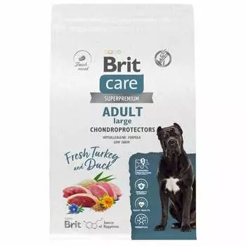 Brit Care Dog Adult Large Chondroprotectors сухой корм для собак крупных пород для поддержки опорно-двигательного аппарата, с индейкой и уткой - 3 кг повседневный супер премиум низкозерновые для взрослых с индейкой породы крупного размера мешок Российский корм 1 уп. х 1 шт. х 3 кг