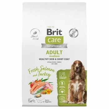 Brit Care Dog Adult M Healthy Skin&Shiny Coat сухой корм для взрослых собак средних пород для кожи и шерсти, с лососем и индейкой - 12 кг повседневный супер премиум низкозерновые для взрослых с индейкой породы среднего размера мешок Российский корм 1 уп. х 1 шт. х 12 кг