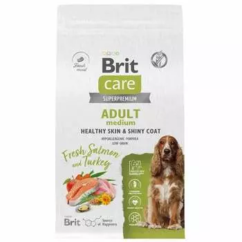 Brit Care Dog Adult M Healthy Skin&Shiny Coat сухой корм для взрослых собак средних пород для кожи и шерсти, с лососем и индейкой - 1,5 кг повседневный супер премиум низкозерновые для взрослых с индейкой породы среднего размера мешок Российский корм 1 уп. х 1 шт. х 1.5 кг