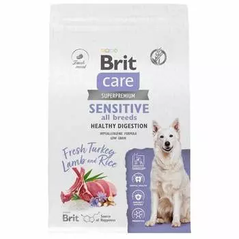 Brit Care Dog Adult Sensitive Healthy Digestion сухой корм для собак всех пород с чувствительным пищеварением, с индейкой и ягненком - 3 кг повседневный супер премиум низкозерновые для взрослых с индейкой для всех пород мешок Российский корм 1 уп. х 1 шт. х 3 кг