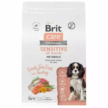 Brit Care Dog Adult Sensitive Metabolic сухой корм для взрослых собак, с морской рыбой и индейкой - 3 кг повседневный супер премиум низкозерновые для взрослых с индейкой для всех пород мешок Российский корм 1 уп. х 1 шт. х 3 кг