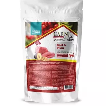 Carni Life Adult сухой корм для кошек, с говядиной, с черносливом и клюквой - 400 г премиум для взрослых с говядиной мешок 1 уп. х 1 шт. х 0.4 кг