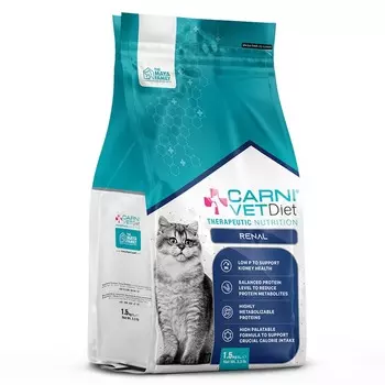 Carni Vet Diet Cat Renal сухой корм для кошек при хронической почечной недостаточности, поддержание здоровья почек, диетический, с курицей - 1,5 кг ветеринарный супер премиум для взрослых с курицей для всех пород мешок Импортный корм 1 уп. х 1 шт. х 1.5 кг