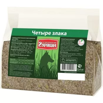 Четвероногий Гурман каша моментальная для собак, хлопья 4 злака - 400 г повседневный премиум для взрослых с рожью для всех пород мешок Российский корм 1 уп. х 1 шт. х 0.4 кг