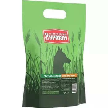 Четвероногий Гурман каша моментальная для собак, хлопья 4 злака с морковью - 1 кг повседневный премиум для взрослых с рожью для всех пород мешок Россия 1 уп. х 1 шт. х 1 кг