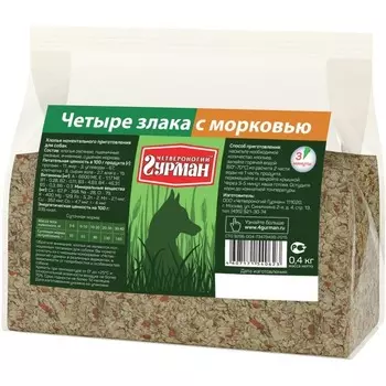 Четвероногий Гурман каша моментальная для собак, хлопья 4 злака с морковью - 400 г повседневный премиум для взрослых с рожью для всех пород мешок Российский корм 1 уп. х 1 шт. х 0.4 кг