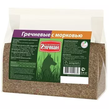 Четвероногий Гурман каша моментальная для собак, хлопья гречневые с морковью - 400 г повседневный премиум для взрослых с гречкой для всех пород мешок Российский корм 1 уп. х 1 шт. х 0.4 кг