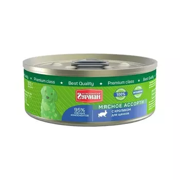 Четвероногий Гурман Мясное ассорти влажный корм для щенков, фарш из кролика, в консервах - 100 г повседневный супер премиум для щенков с кроликом для всех пород консервы (в железной банке) Российский корм 1 уп. х 24 шт. х 2.4 кг