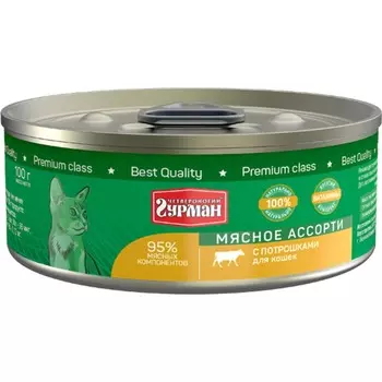 Четвероногий гурман влажный корм для кошек Мясное ассорти с потрошками, в консервах - 100 г х 24 шт повседневный супер премиум для взрослых с потрошками консервы (в железной банке) Российский корм 1 уп. х 24 шт. х 2.4 кг