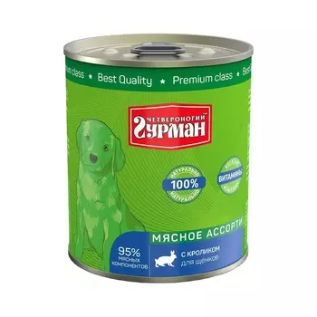 Четвероногий Гурман Мясное ассорти влажный корм для щенков, фарш из кролика, в консервах - 340 г повседневный премиум для щенков с кроликом для всех пород консервы (в железной банке) Российский корм 1 уп. х 12 шт. х 4.08 кг