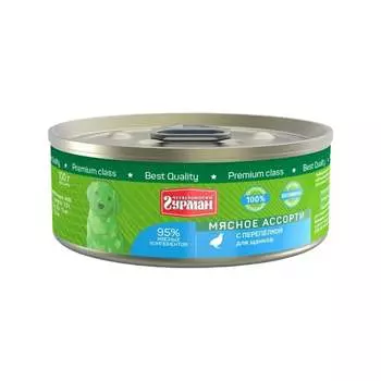 Четвероногий Гурман Мясное ассорти влажный корм для щенков, фарш из перепелки, в консервах - 100 г повседневный супер премиум для щенков с перепелкой для всех пород консервы (в железной банке) Российский корм 1 уп. х 1 шт. х 0.1 кг