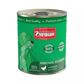 Четвероногий Гурман Мясное ассорти влажный корм для собак, фарш из курицы, в консервах - 340 г повседневный супер премиум для взрослых с курицей для всех пород консервы (в железной банке) Россия 1 уп. х 12 шт. х 4.08 кг